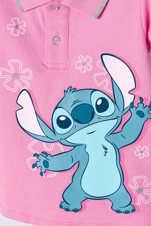 CAMISETA TIPO POLO DE STITCH ROSADA CON ESTAMPADO PARA NIÑA 2T A 5T