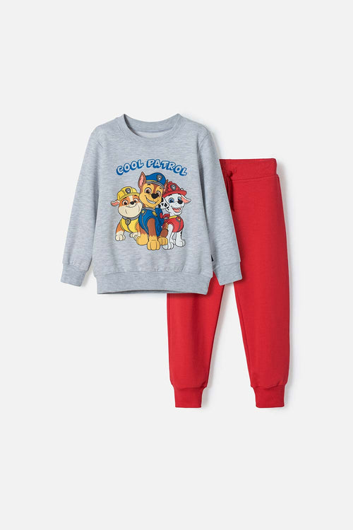 CONJUNTO DE PAW PATROL ROJO Y GRIS JASPE PARA NIÑO 2T A 6T