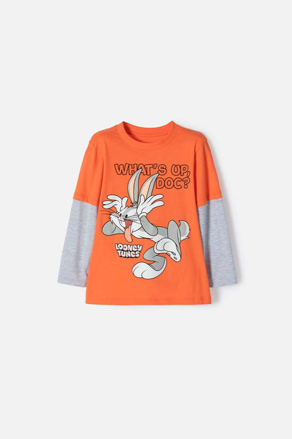 CAMISETA DE BUGS BUNNY NARANJA Y GRIS MANGA LARGA PARA NIÑO 2T A 5T
