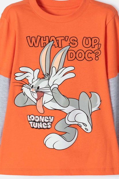 CAMISETA DE BUGS BUNNY NARANJA Y GRIS MANGA LARGA PARA NIÑO 2T A 5T