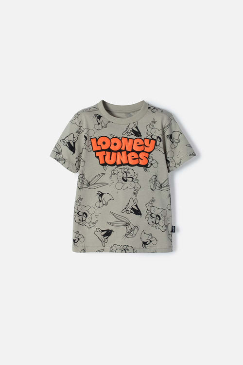 CAMISETA LOONEY TUNES MANGA CORTA VERDE ACEITUNA PARA BEBÉ NIÑO