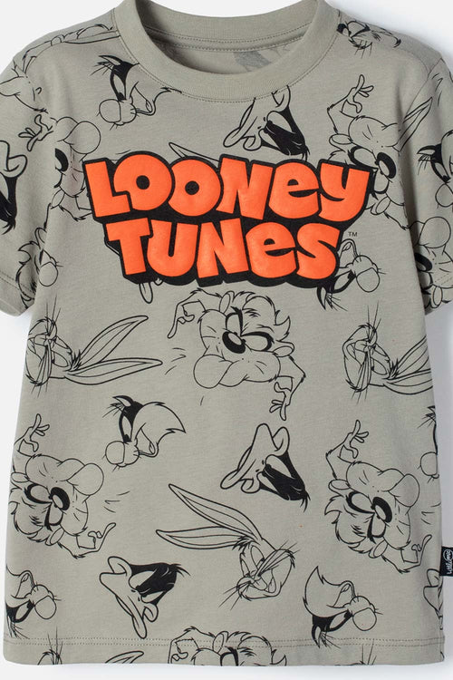 CAMISETA LOONEY TUNES MANGA CORTA VERDE ACEITUNA PARA BEBÉ NIÑO