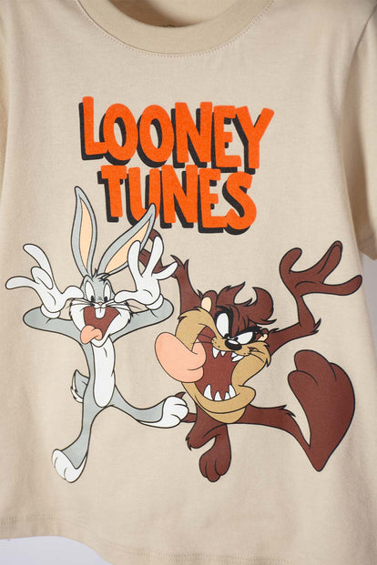 CONJUNTO DE LOS LOONEY TUNES CAQUI Y GRIS CON JOGGER PARA NIÑO 2T A 5T