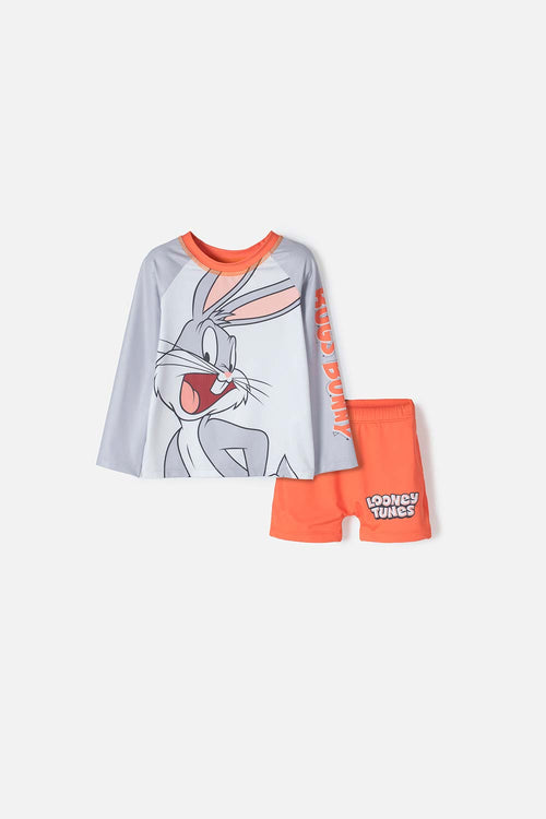 CONJUNTO DE BAÑO LOONEY TUNES NARANJA, GRIS Y BLANCO PARA NIÑO 2T A 5T