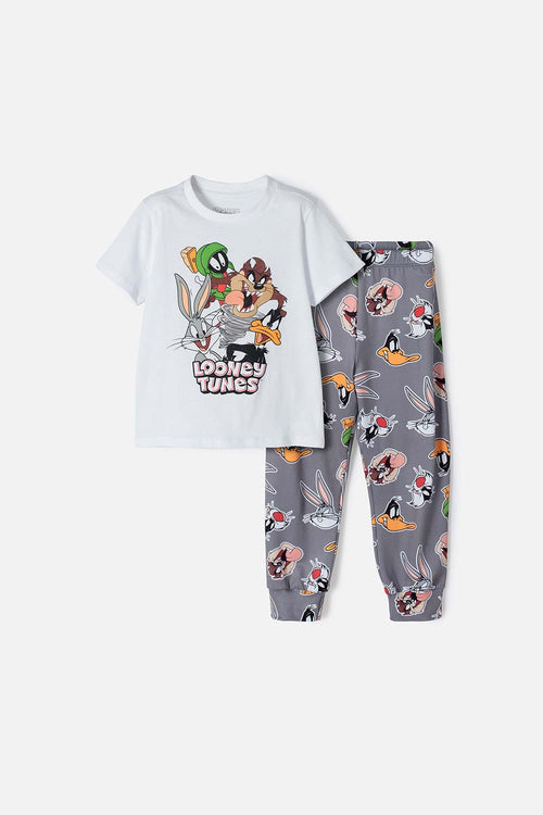 PIJAMA DE LOS LOONEY TUNES BLANCA Y GRIS MANGA CORTA PARA NIÑO 2T A 5T
