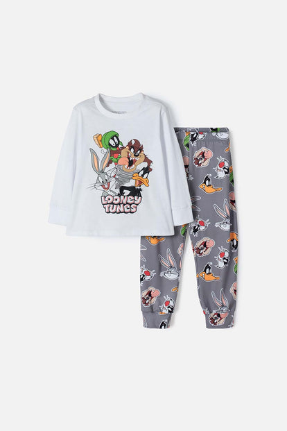 PIJAMA DE LOS LOONEY TUNES BLANCA Y GRIS MANGA LARGA PARA NIÑO 2T A 5T