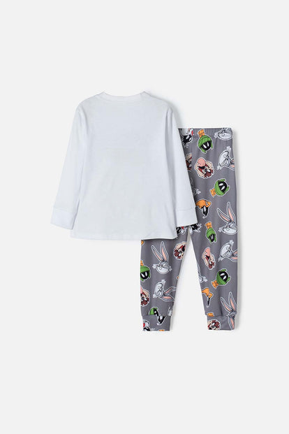 PIJAMA DE LOS LOONEY TUNES BLANCA Y GRIS MANGA LARGA PARA NIÑO 2T A 5T