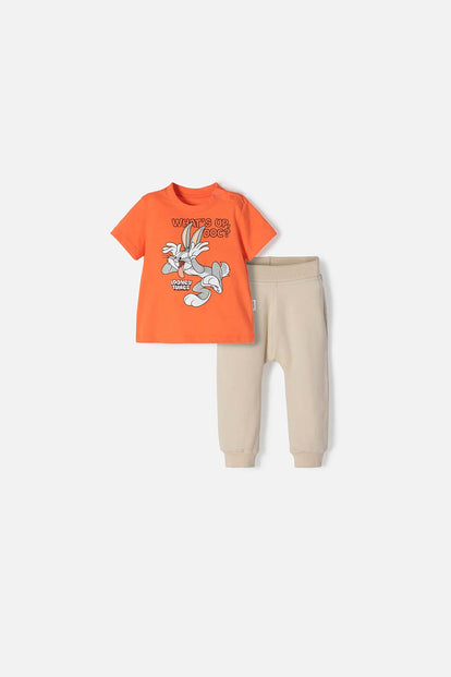 CONJUNTO DE LOS LOONEY TUNES CAQUI Y NARANJA DE PANTALÓN LARGO PARA BEBÉ NIÑO