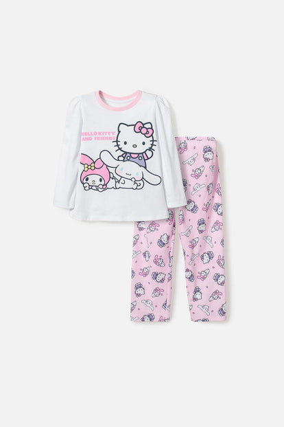 PIJAMA DE HELLO KITTY BLANCA Y ROSADA DE CAMISETA MANGA LARGA PARA NIÑA 2T A 5T