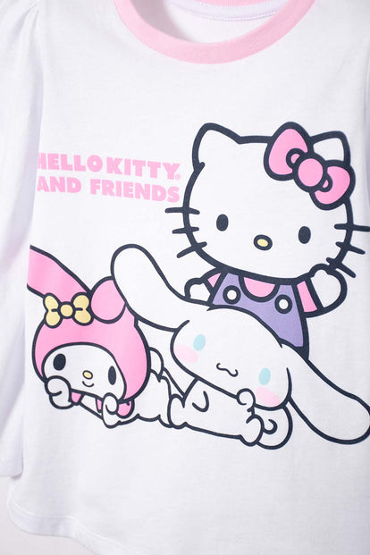 PIJAMA DE HELLO KITTY BLANCA Y ROSADA DE CAMISETA MANGA LARGA PARA NIÑA 2T A 5T