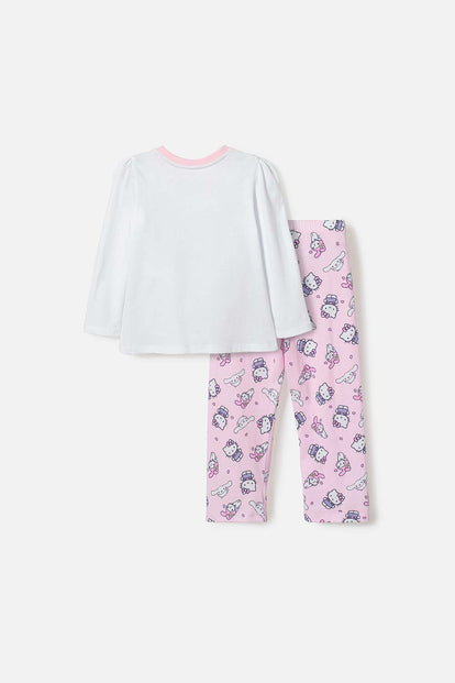PIJAMA DE HELLO KITTY BLANCA Y ROSADA DE CAMISETA MANGA LARGA PARA NIÑA 2T A 5T