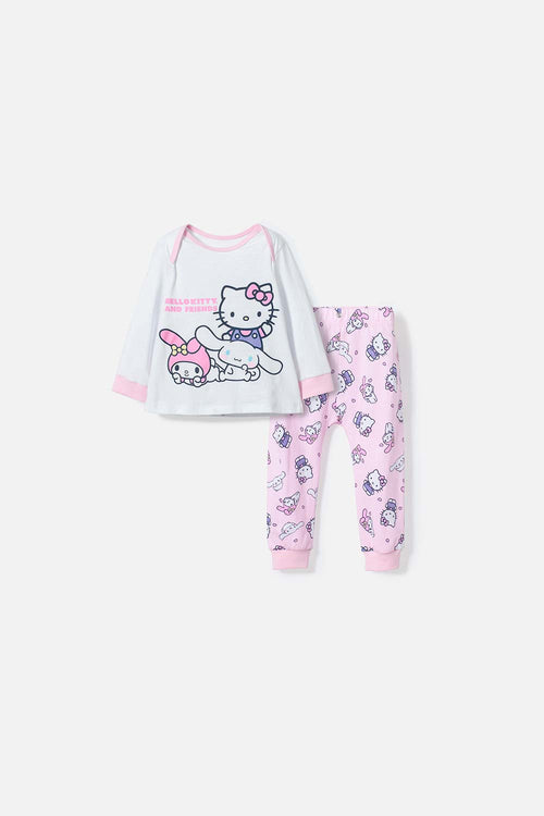 PIJAMA DE HELLO KITTY BLANCA Y ROSADA DE CAMISETA MANGA LARGA PARA BEBÉ NIÑA