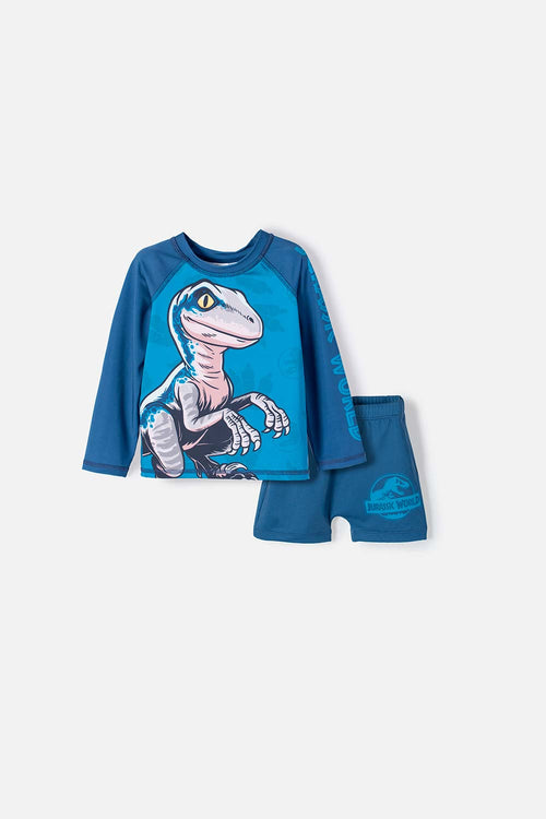 CONJUNTO DE BAÑO DE JURASSIC WORLD AZUL DE CAMISETA MANGA LARGA PARA NIÑO 2T A 5T