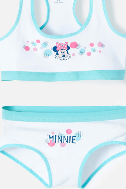 CONJUNTO DE TOP Y PANTY DE MINNIE MOUSE BLANCO Y AZUL PARA NIÑA