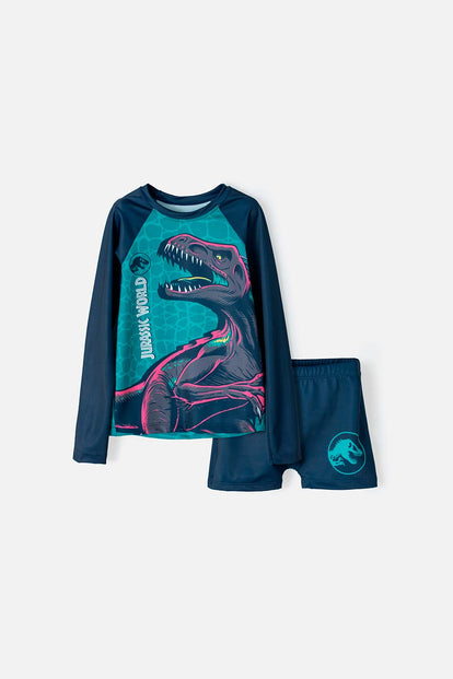 CONJUNTO DE BAÑO DE JURASSIC WORLD MANGA LARGA AZUL TURQUESA PARA NIÑO