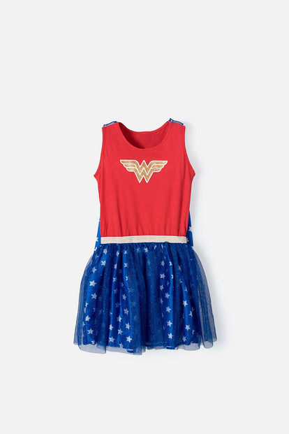 VESTIDO DE WONDER WOMAN CON CAPA DE ESTRELLAS REMOVIBLE PARA NIÑA