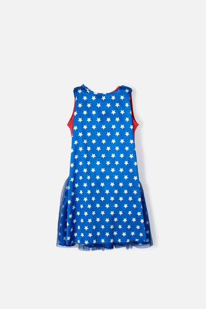 VESTIDO DE WONDER WOMAN CON CAPA DE ESTRELLAS REMOVIBLE PARA NIÑA
