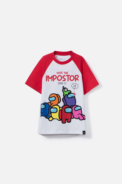 CAMISETA DE AMONG US CUELLO REDONDO ROJA Y BLANCA PARA TEEN NIÑO