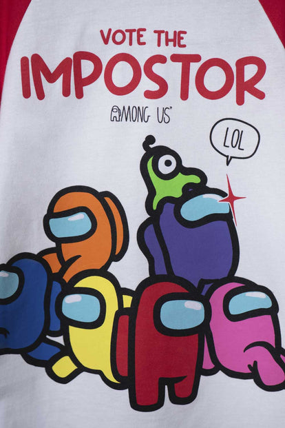 CAMISETA DE AMONG US CUELLO REDONDO ROJA Y BLANCA PARA TEEN NIÑO