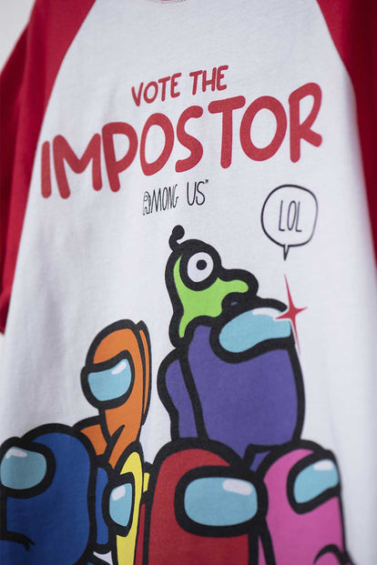 CAMISETA DE AMONG US CUELLO REDONDO ROJA Y BLANCA PARA TEEN NIÑO