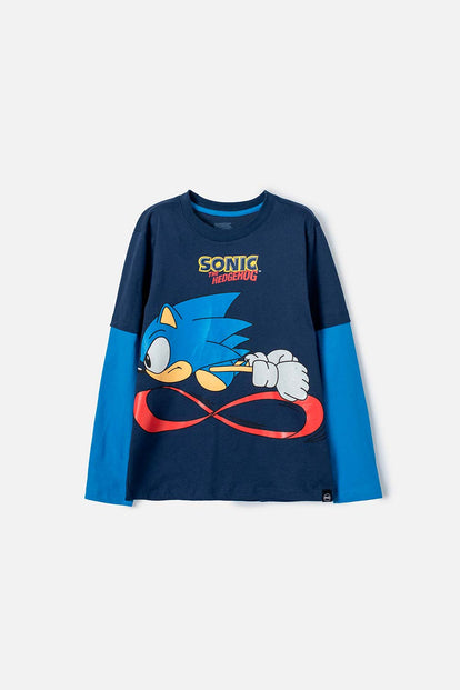 CAMISETA DE MODERN SONIC AZUL OSCURA MANGA LARGA PARA NIÑO
