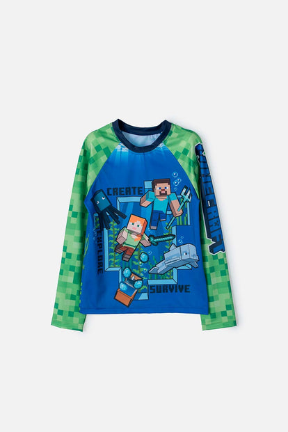 CAMISETA DE BAÑO MINECRAFT MANGA LARGA VERDE Y AZUL PARA NIÑO