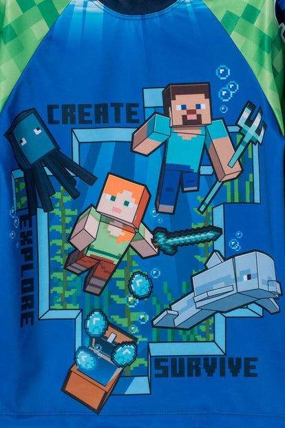 CAMISETA DE BAÑO MINECRAFT MANGA LARGA VERDE Y AZUL PARA NIÑO