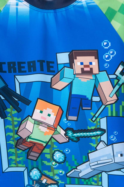 CAMISETA DE BAÑO MINECRAFT MANGA LARGA VERDE Y AZUL PARA NIÑO