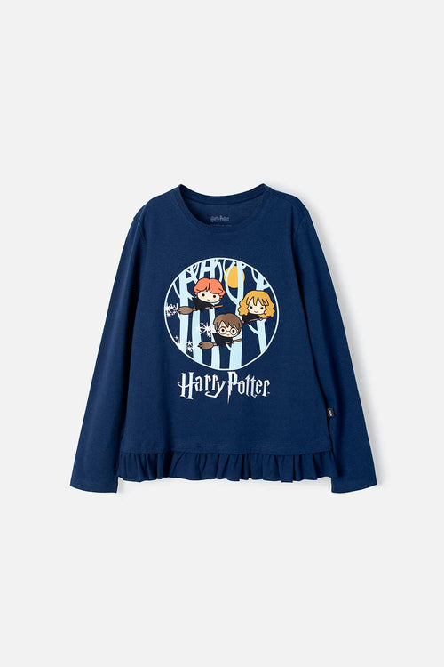 CAMISETA DE HARRY POTTER AZUL MANGA LARGA PARA NIÑA