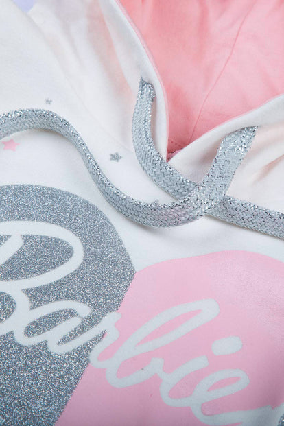 VESTIDO DE BARBIE CON BRILLOS MARFIL Y PALO DE ROSA PARA NIÑA
