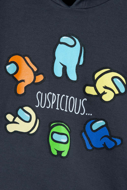 BUZO DE AMONG US CERRADO CON CAPUCHA GRIS PARA NIÑO