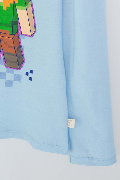 CAMISETA DE MINECRAFT AZUL CLARA MANGA LARGA PARA NIÑA