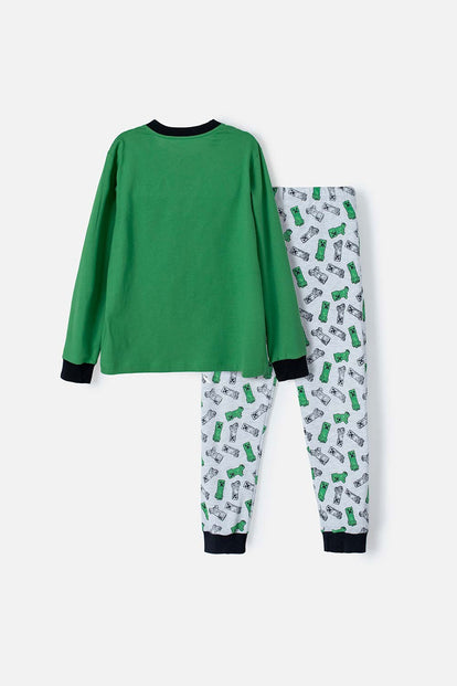 PIJAMA DE MINECRAFT VERDE Y GRIS JASPE DE PANTALÓN LARGO PARA NIÑO