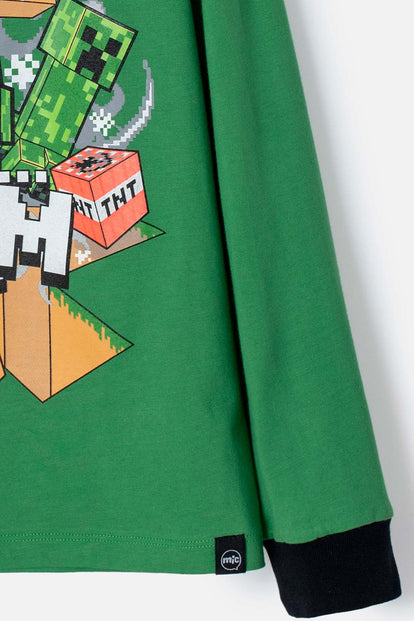 PIJAMA DE MINECRAFT VERDE Y GRIS JASPE DE PANTALÓN LARGO PARA NIÑO