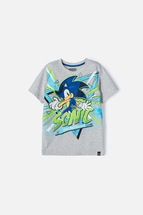 CAMISETA DE SONIC GRIS JASPE MANGA CORTA PARA NIÑO