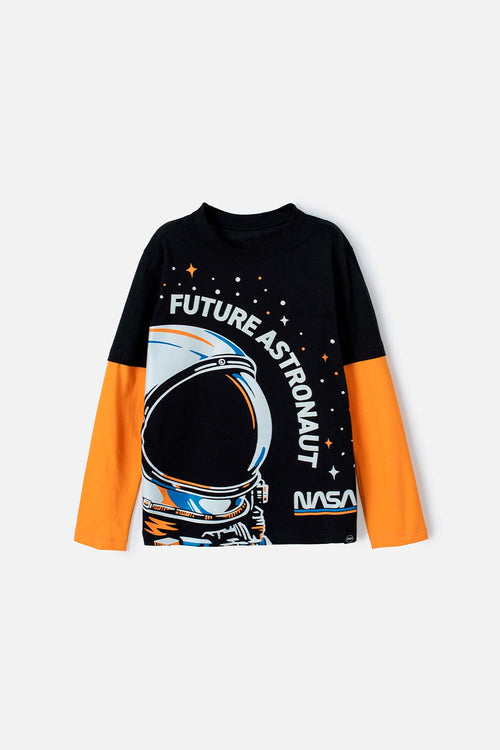 CAMISETA DE LA NASA NEGRA Y NARANJA MANGA LARGA PARA NIÑO