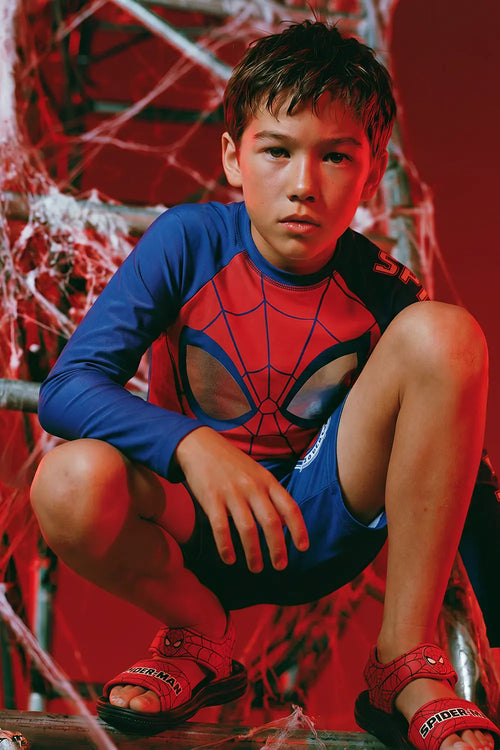 CONJUNTO DE BAÑO DE SPIDER-MAN MANGA LARGA ROJO Y AZUL PARA NIÑO