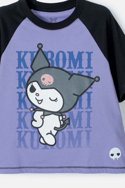 CAMISETA DE KUROMI MANGA CORTA LILA Y NEGRO PARA NIÑA