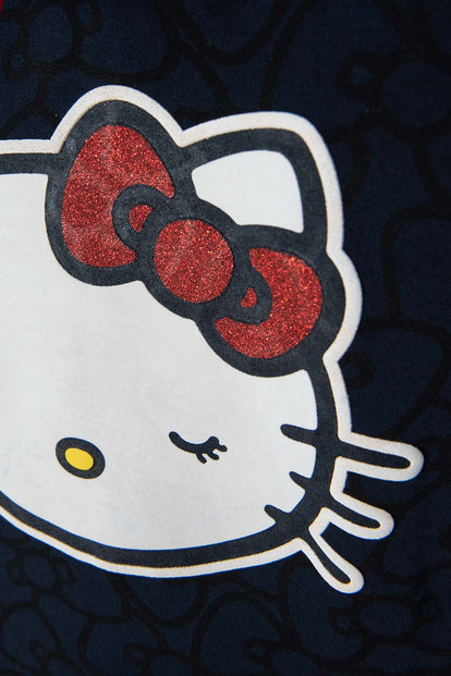 VESTIDO DE HELLO KITTY AZUL OSCURO Y ROJO CON CAPUCHA PARA NIÑA