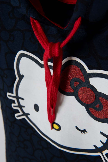 VESTIDO DE HELLO KITTY AZUL OSCURO Y ROJO CON CAPUCHA PARA NIÑA
