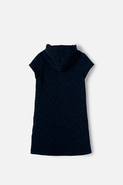 VESTIDO DE HELLO KITTY AZUL OSCURO Y ROJO CON CAPUCHA PARA NIÑA