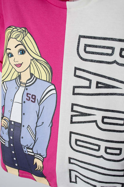 CAMISETA DE BARBIE MANGA CORTA FUCSIA Y MARFIL PARA NIÑA