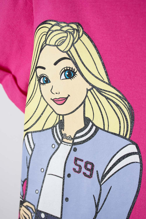 CAMISETA DE BARBIE MANGA CORTA FUCSIA Y MARFIL PARA NIÑA