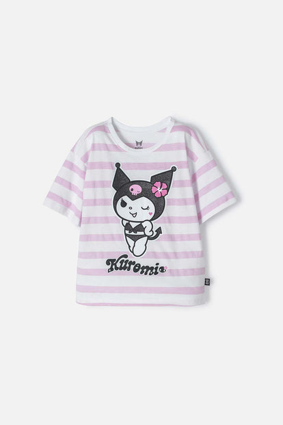 CAMISETA DE KUROMI ROSADA Y BLANCA CON DISEÑO A RAYAS PARA NIÑA