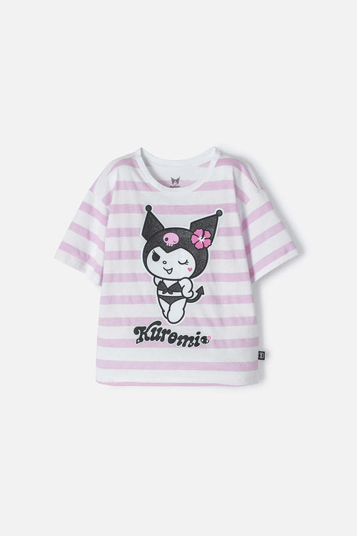 CAMISETA DE KUROMI ROSADA Y BLANCA CON DISEÑO A RAYAS PARA NIÑA