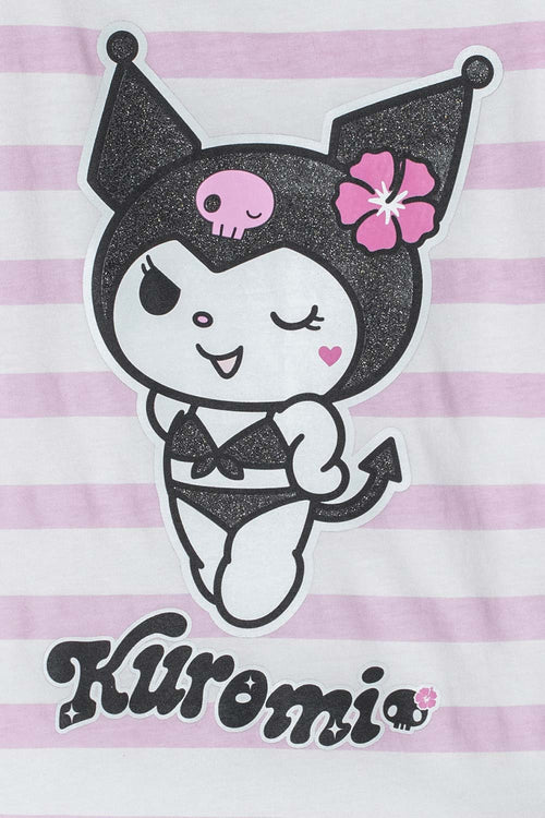 CAMISETA DE KUROMI ROSADA Y BLANCA CON DISEÑO A RAYAS PARA NIÑA
