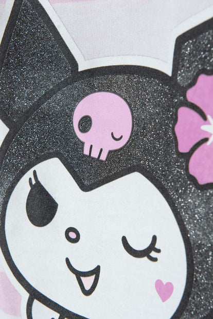 CAMISETA DE KUROMI ROSADA Y BLANCA CON DISEÑO A RAYAS PARA NIÑA