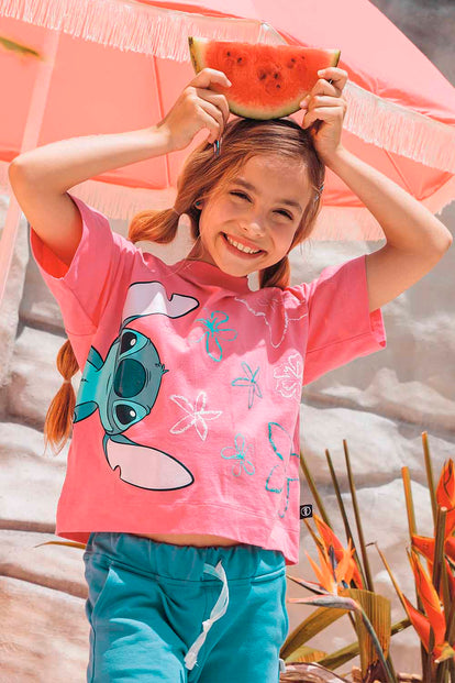 CAMISETA DE STITCH MANGA CORTA ROSADO PARA NIÑA