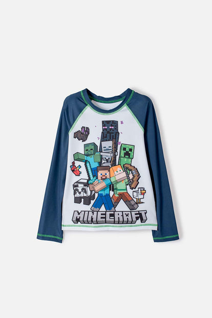 CAMISETA DE BAÑO MINECRAFT MANGA LARGA AZUL Y BLANCO PARA NIÑO