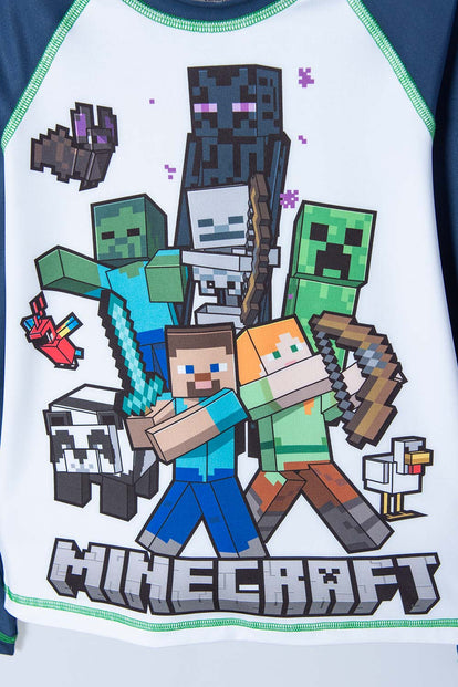 CAMISETA DE BAÑO MINECRAFT MANGA LARGA AZUL Y BLANCO PARA NIÑO